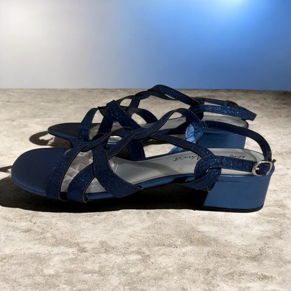 Easy Street Blue Glitter Strappy Low Heel Sandals Womens 11 Dressy Evening, Prom